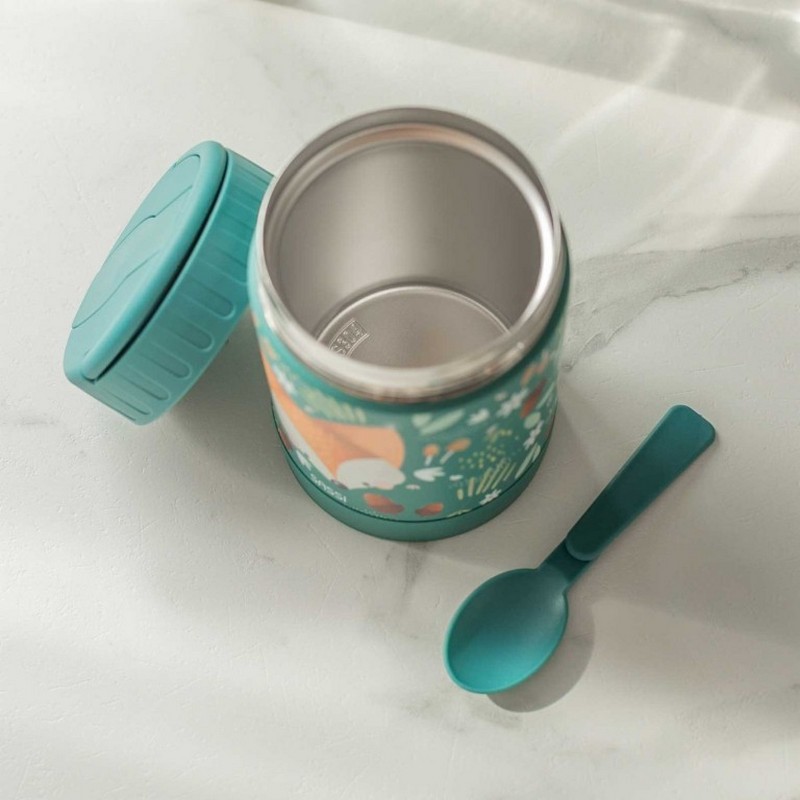 Portapranzo termico verde per bambini decorato con volpe, ghiande e funghi in acciaio inossidabile, con cucchiaio incluso e maniglia estraibile per agevolare il trasporto
